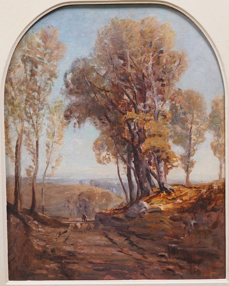 English School, Early 20th Century, Shepherd and his flock on a lane